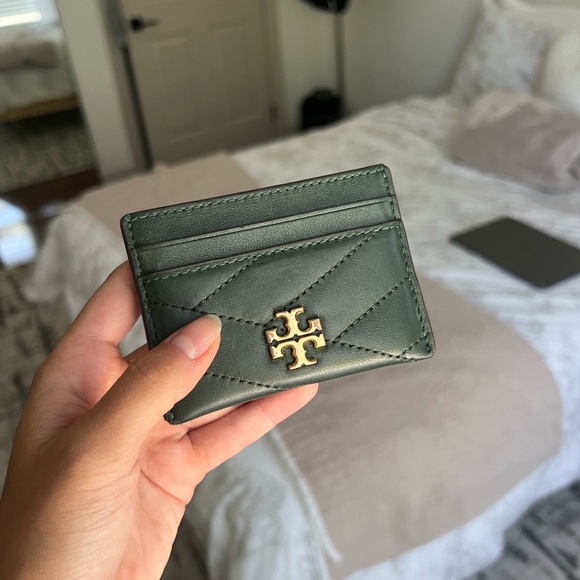 Tory Burch Dark Green Card Holder with Gold Logo - Picture 2 of 4